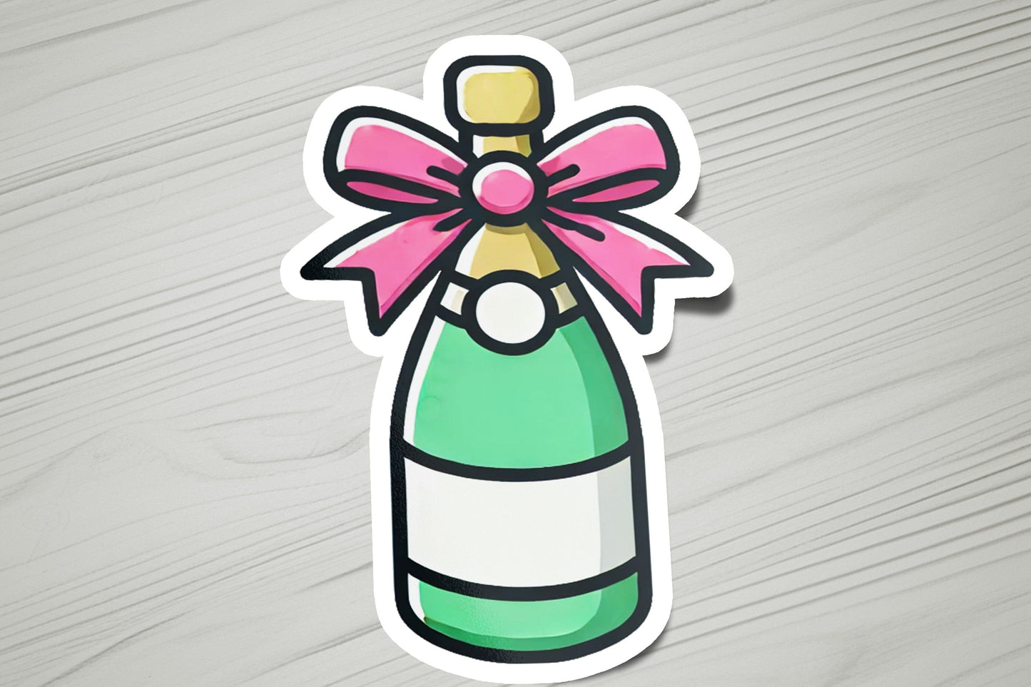 a sticker of a bottle with a bow on it