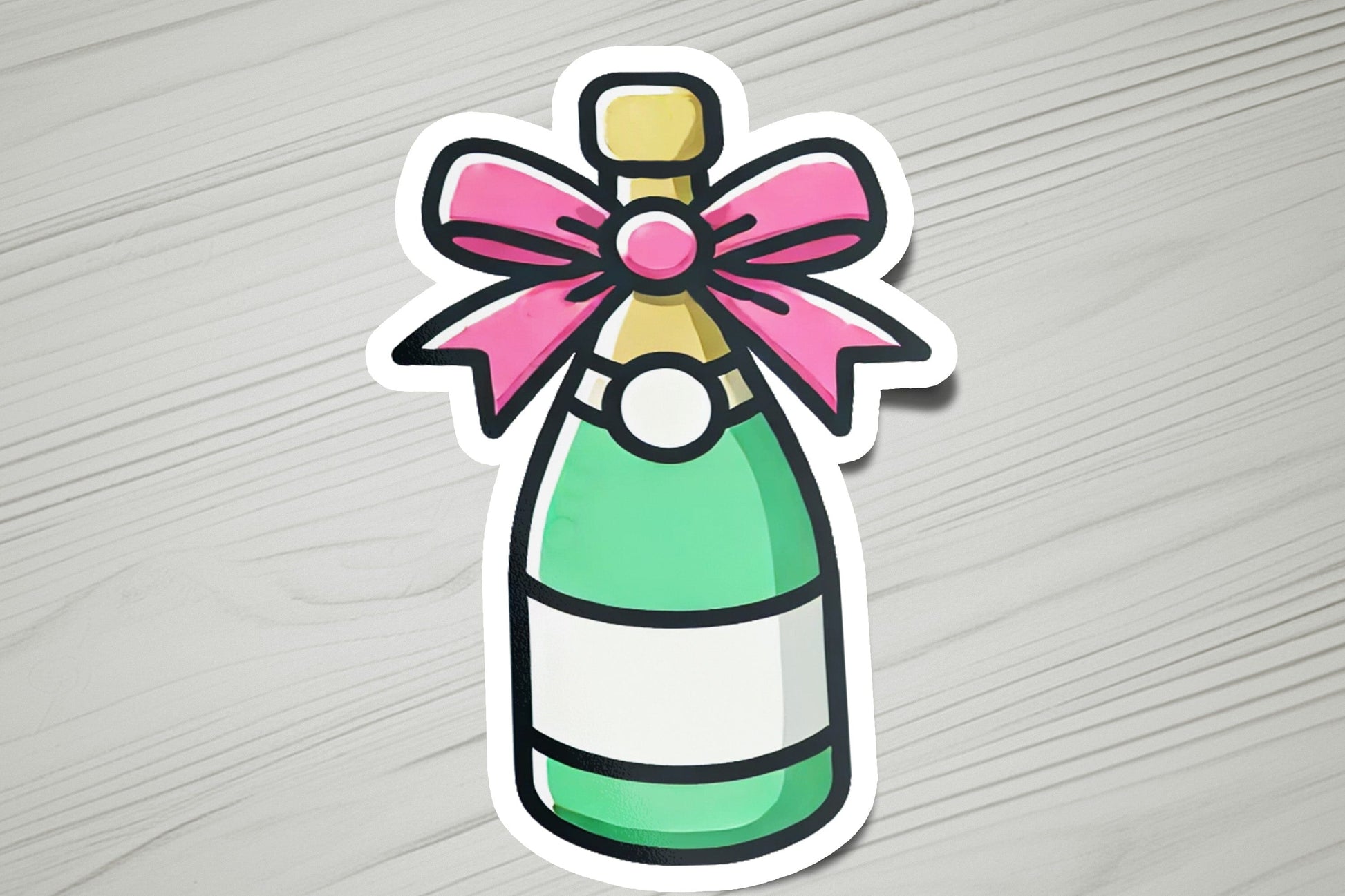 a sticker of a bottle with a bow on it