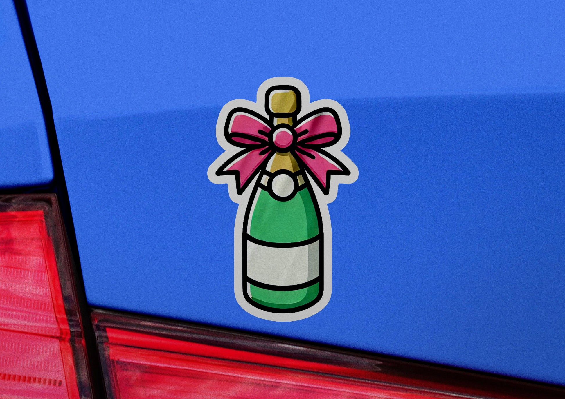 a sticker of a bottle with a bow on it