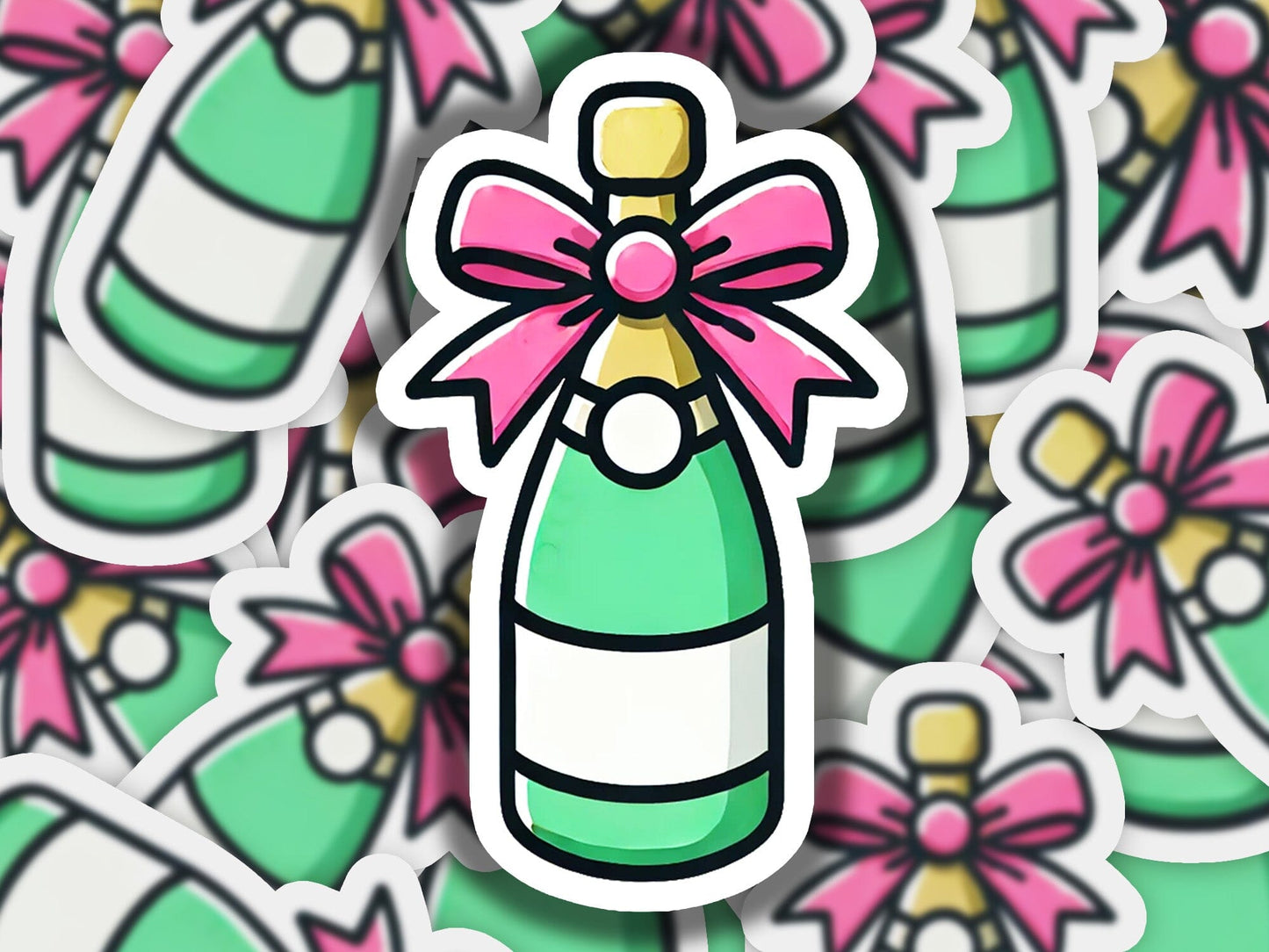 a sticker of a bottle with a bow on it