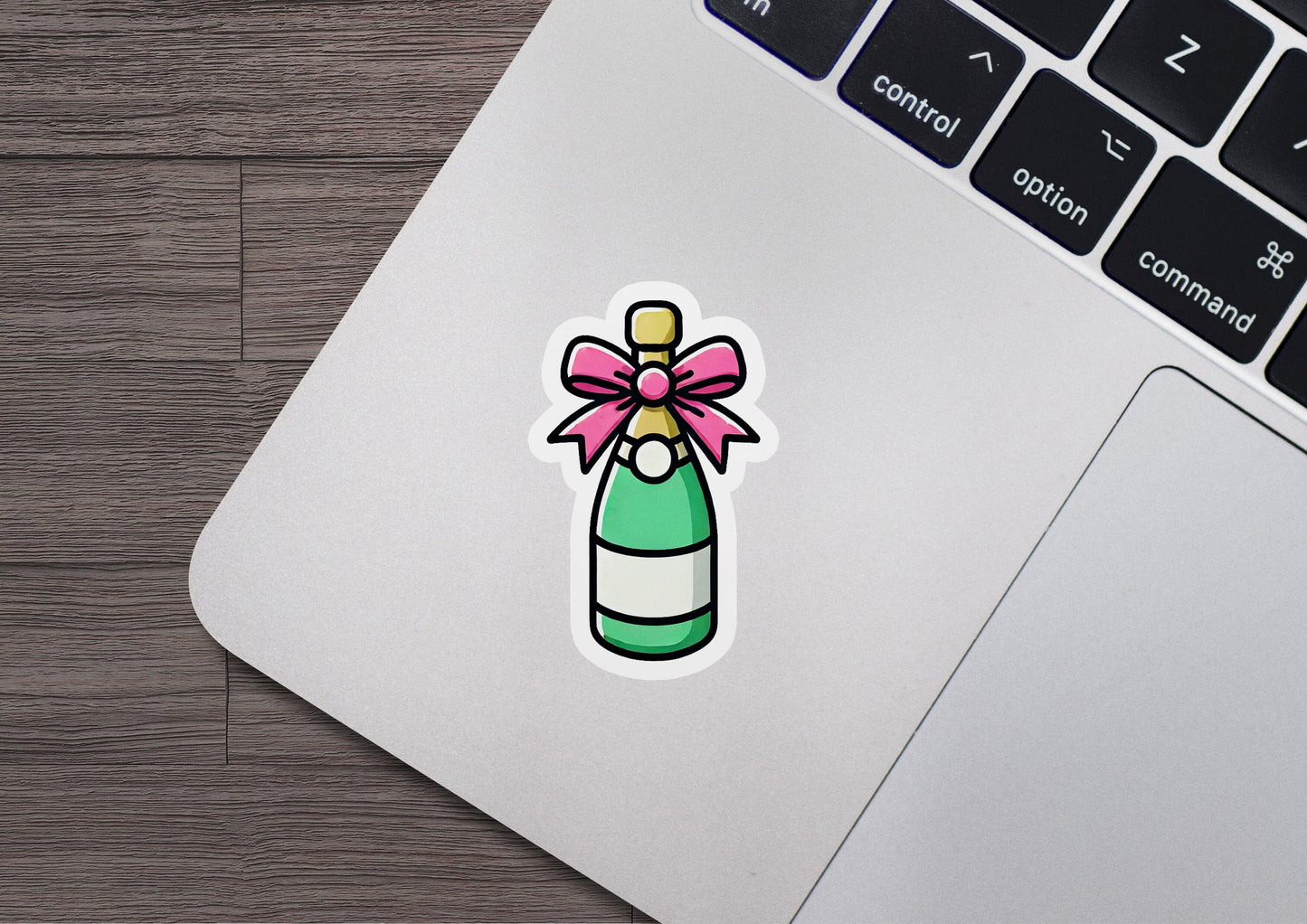 a sticker of a bottle with a bow on it
