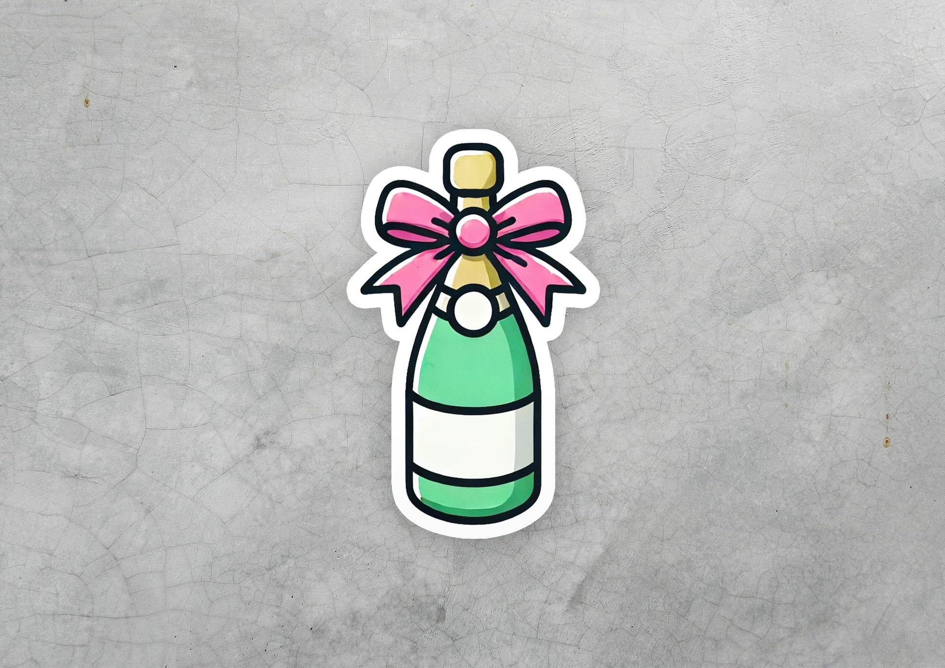 a sticker of a bottle with a bow on it