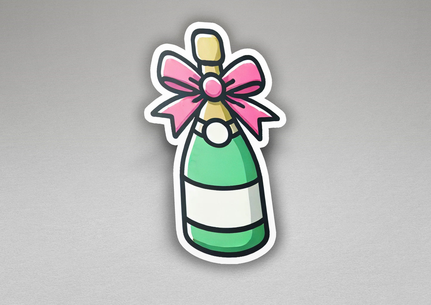 a sticker of a bottle with a bow on it