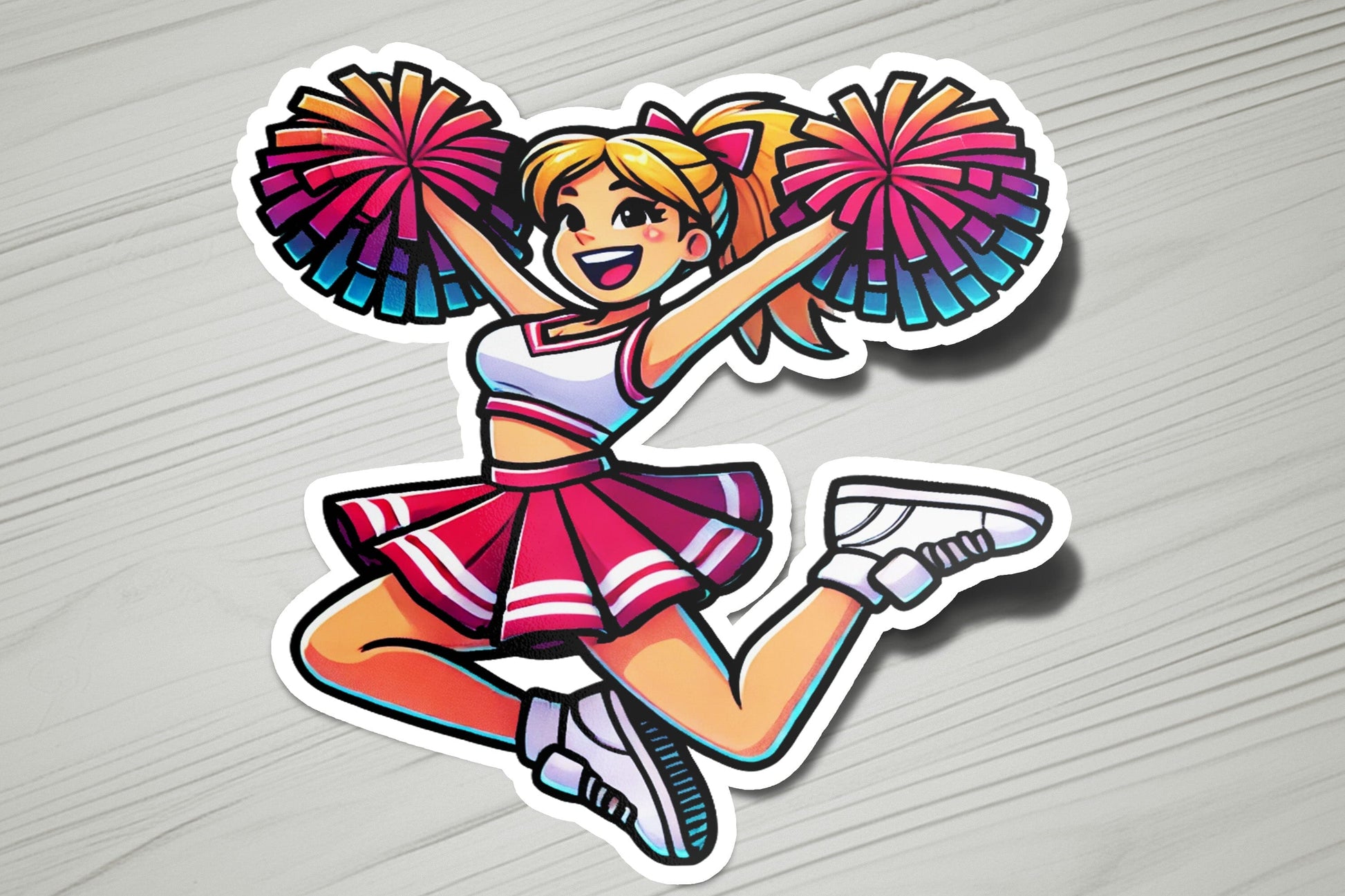 a sticker of a cheerleader with a pom pom