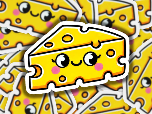 a sticker of a piece of cheese with eyes