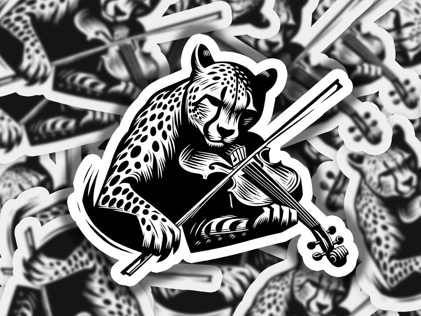 a sticker of a cheetah playing a violin