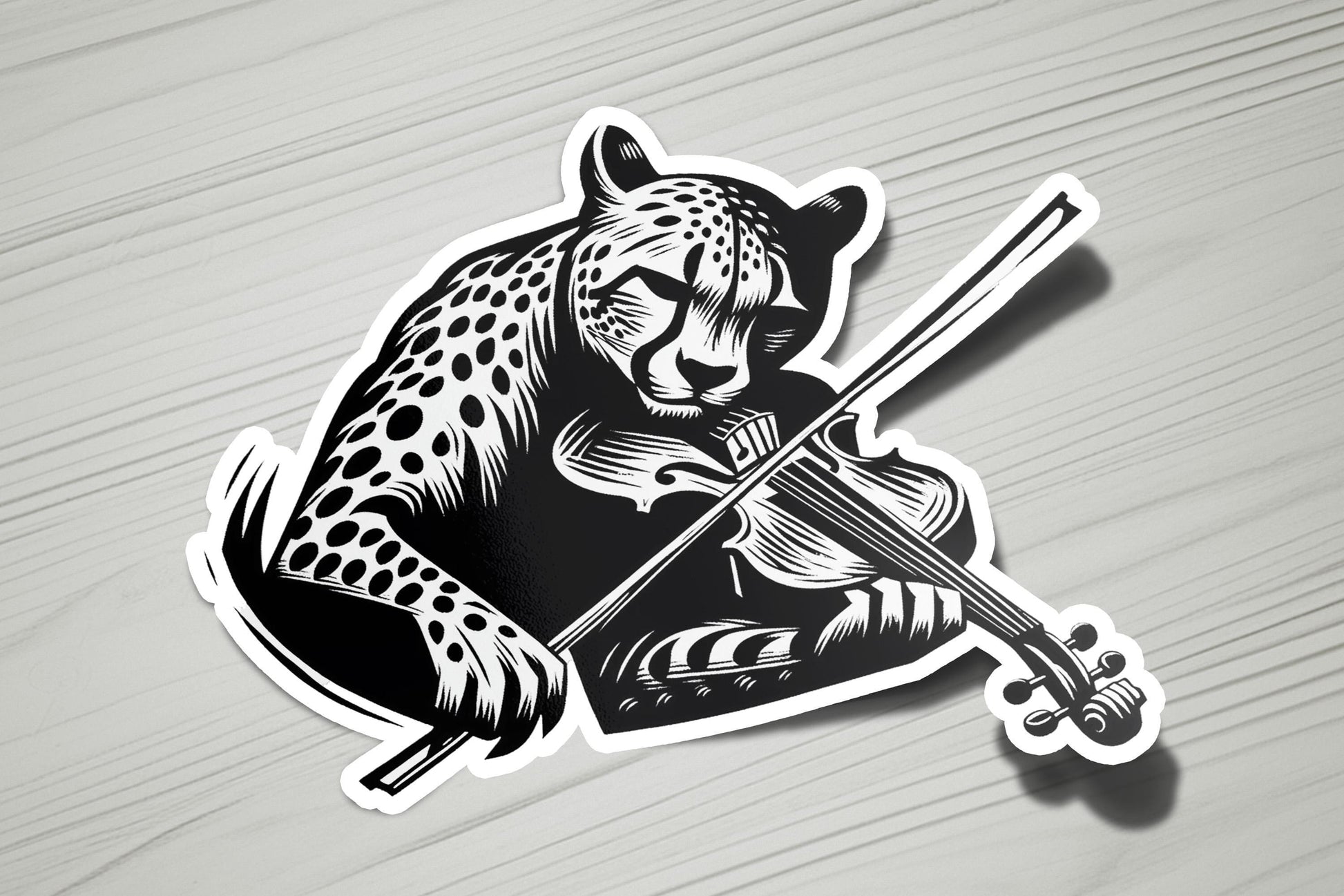 a sticker of a cheetah playing a violin
