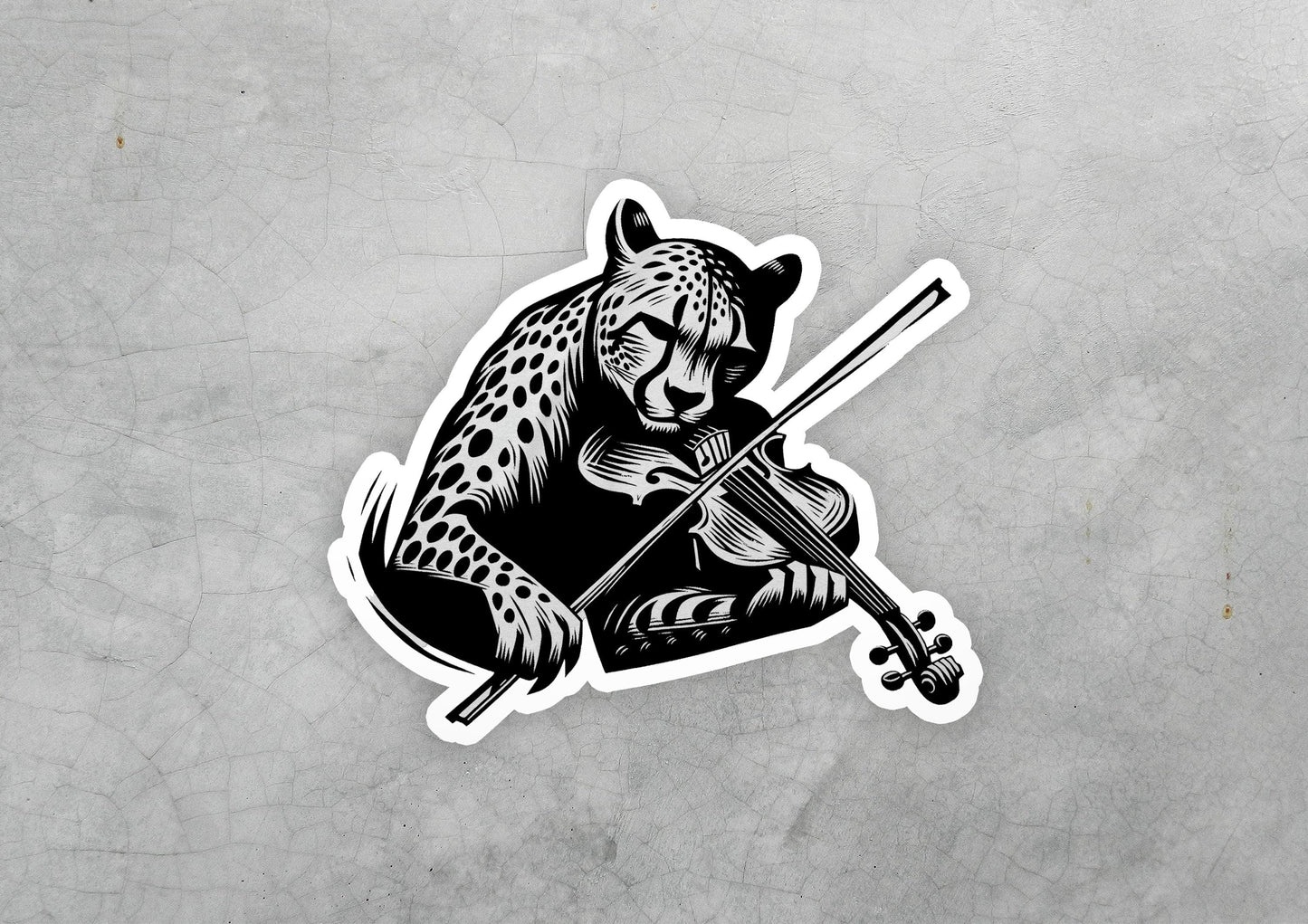 a sticker of a leopard playing a violin