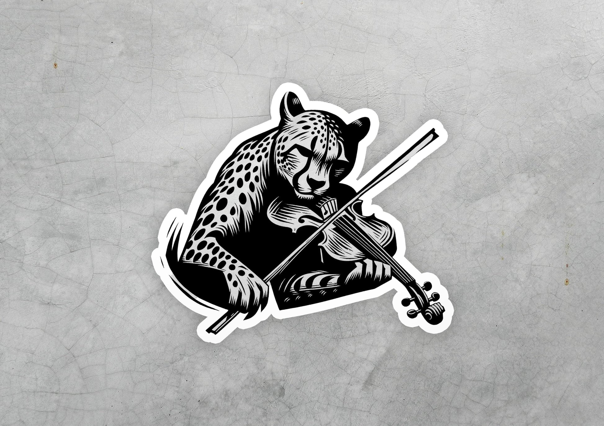 a sticker of a leopard playing a violin