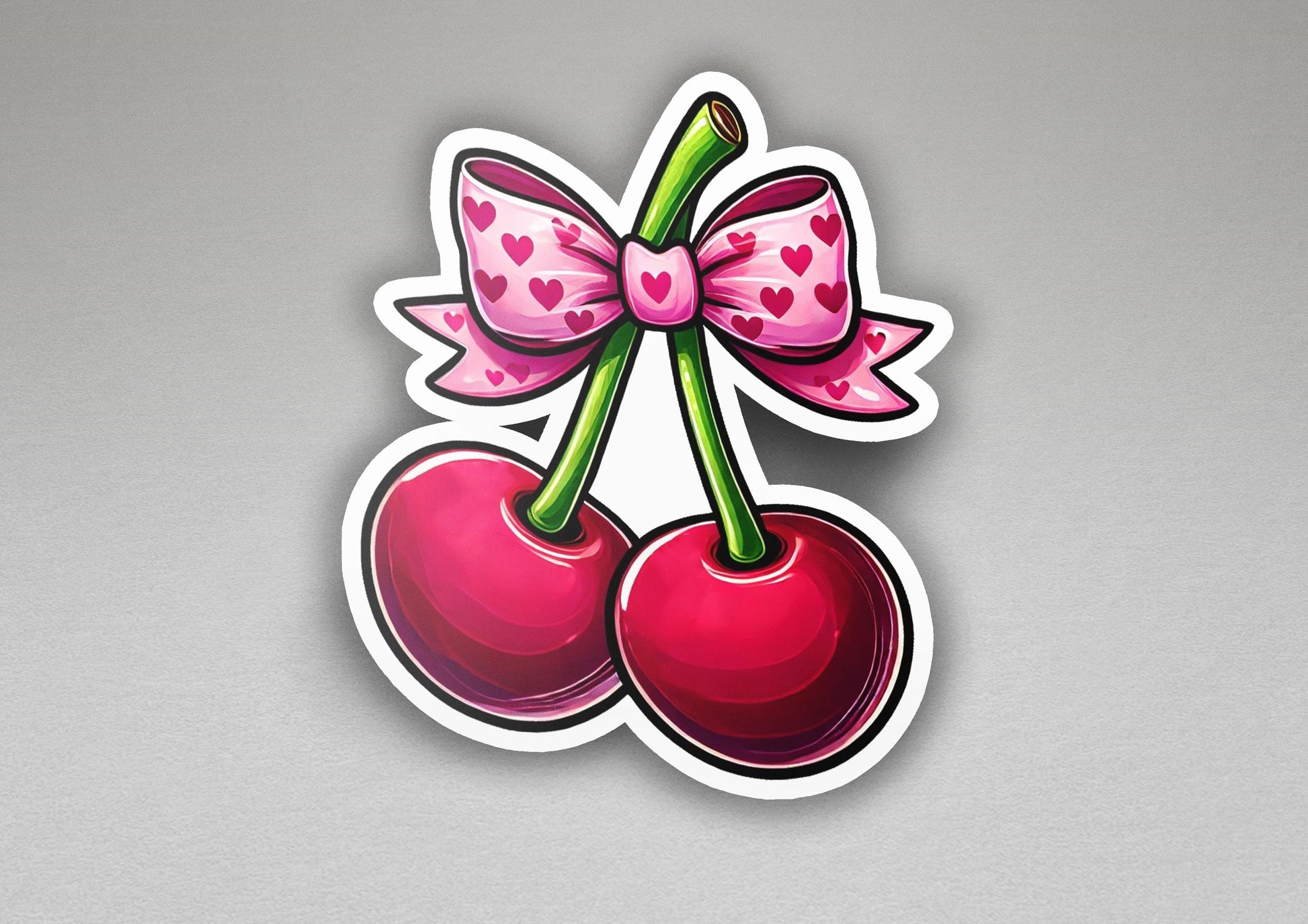 a sticker of two cherries with a bow