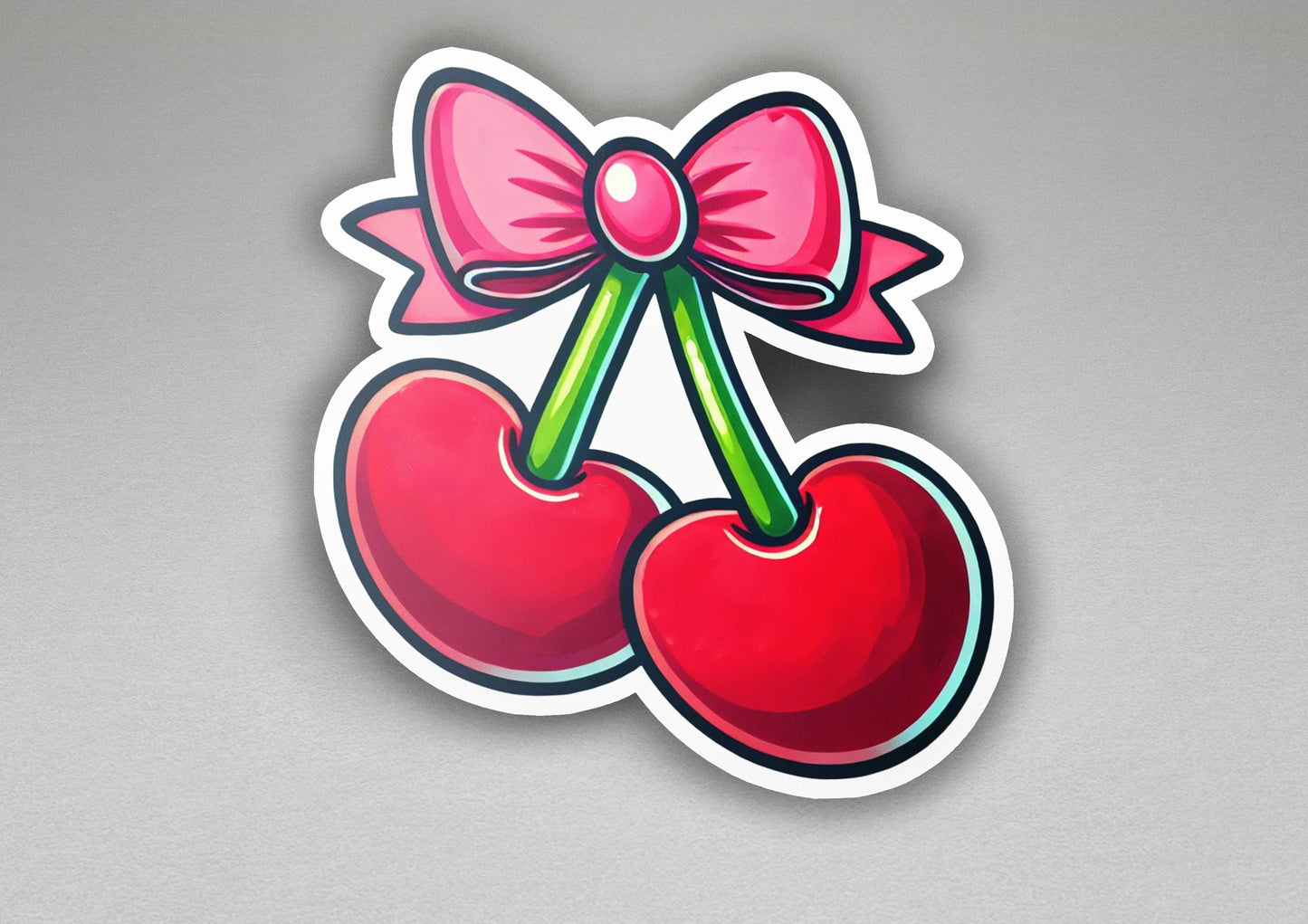a sticker of two cherries with a bow