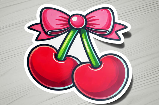 a sticker of two cherries with a bow