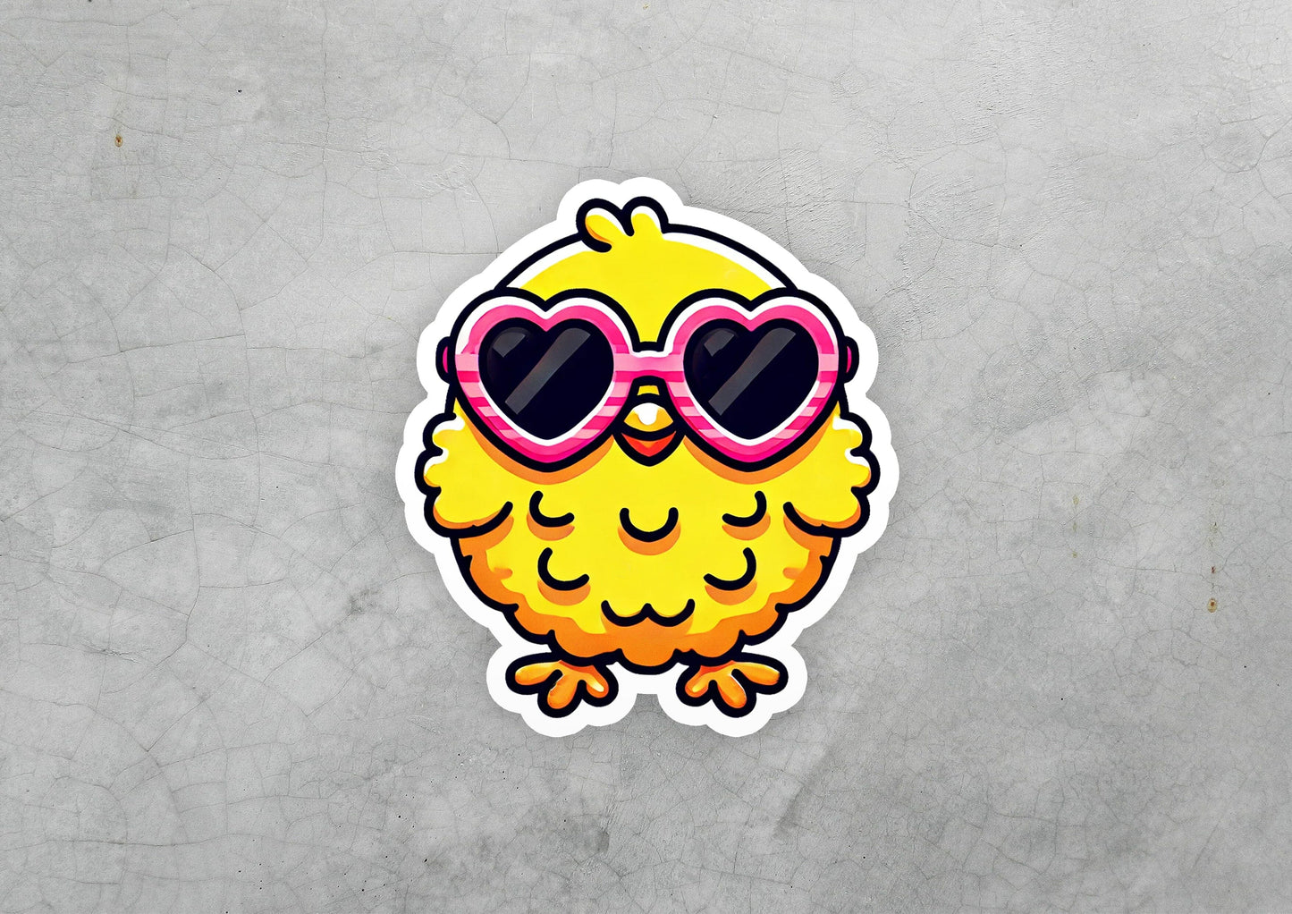 a sticker of a yellow bird with heart shaped sunglasses