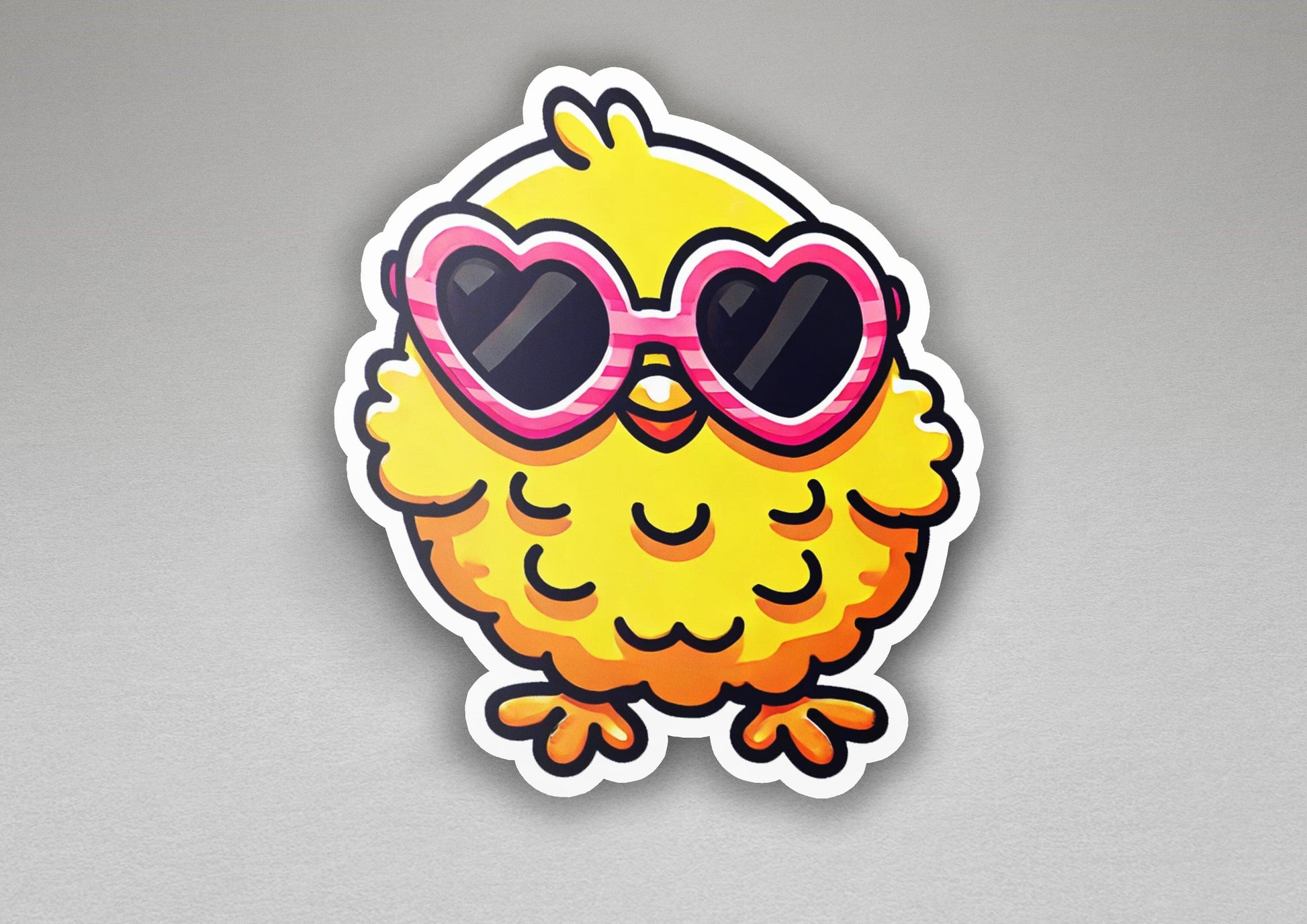 a sticker of a yellow bird with heart shaped sunglasses
