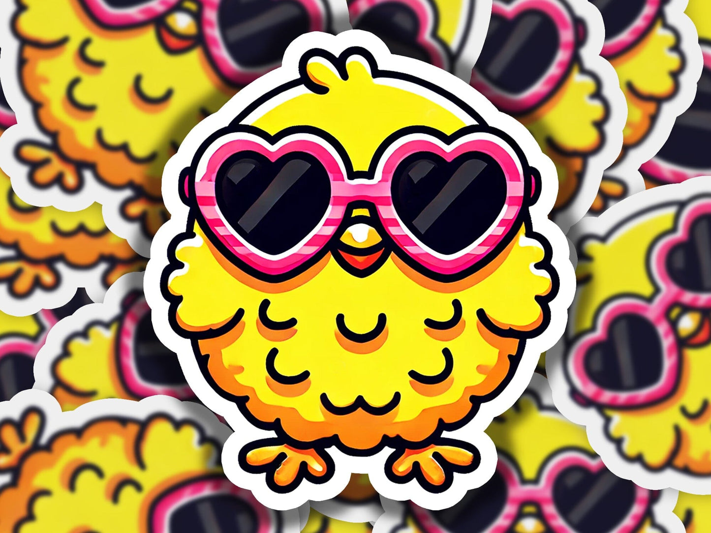 a sticker of a yellow bird with heart shaped sunglasses
