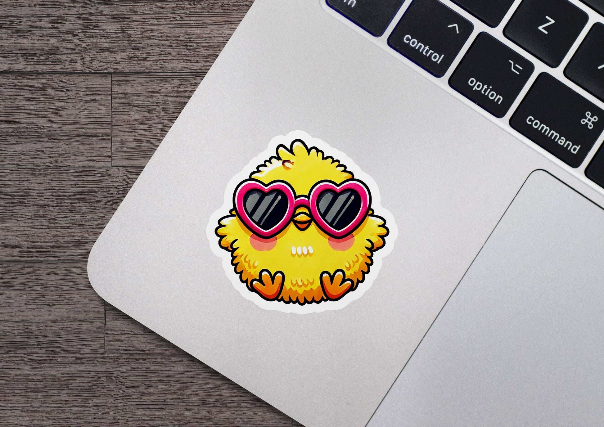 a laptop with a sticker of a yellow bird wearing sunglasses