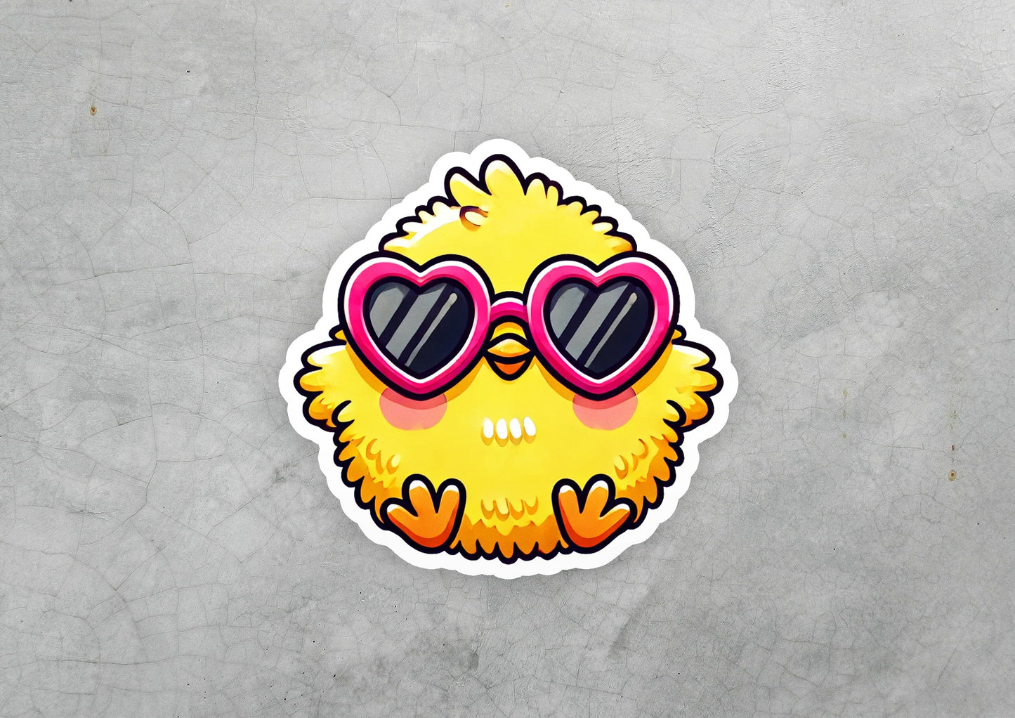 a sticker of a yellow bird with heart shaped sunglasses
