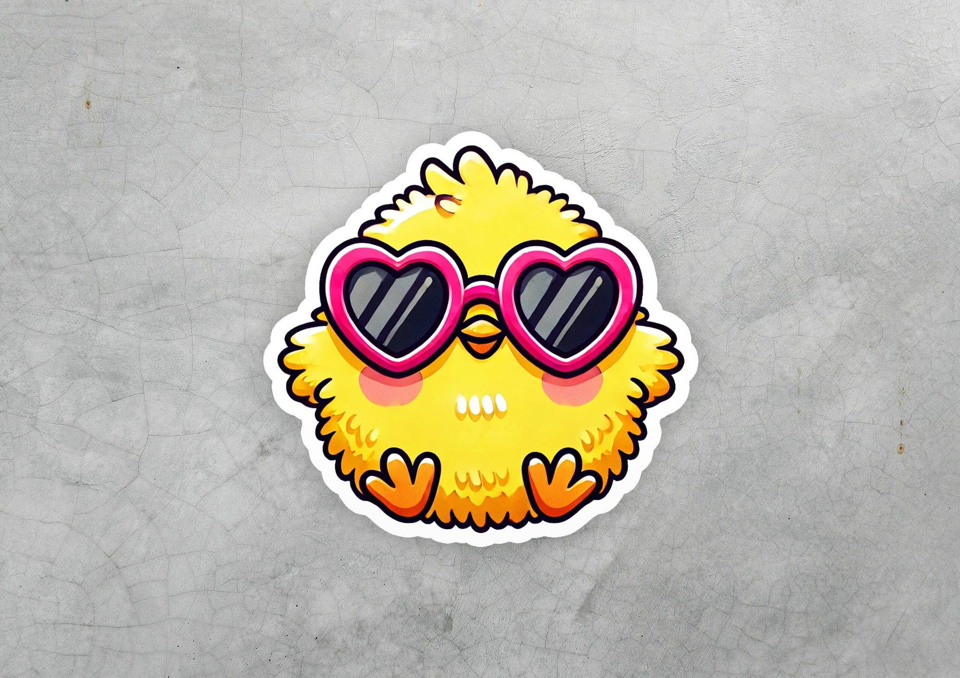 a sticker of a yellow bird with heart shaped sunglasses