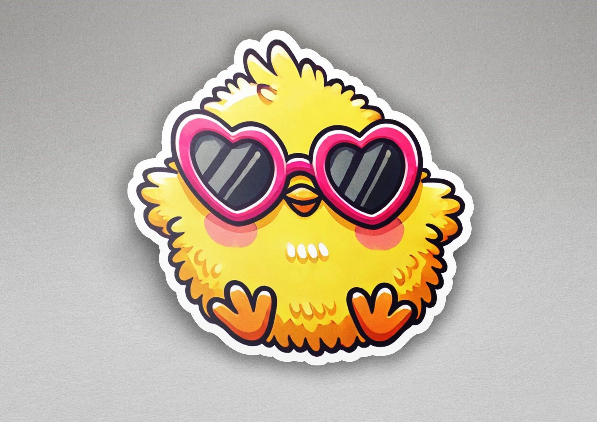 a sticker of a yellow bird with heart shaped glasses