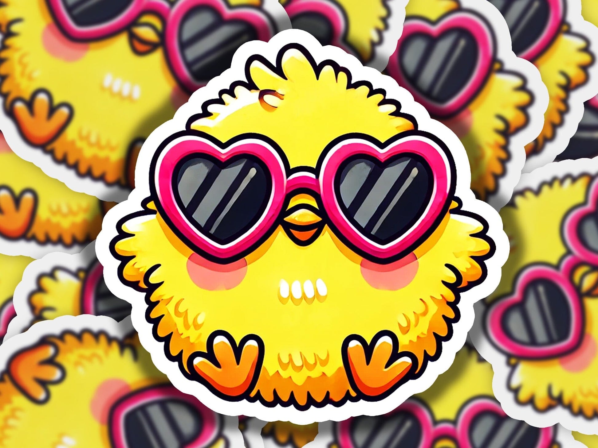 a sticker of a chick with heart shaped sunglasses