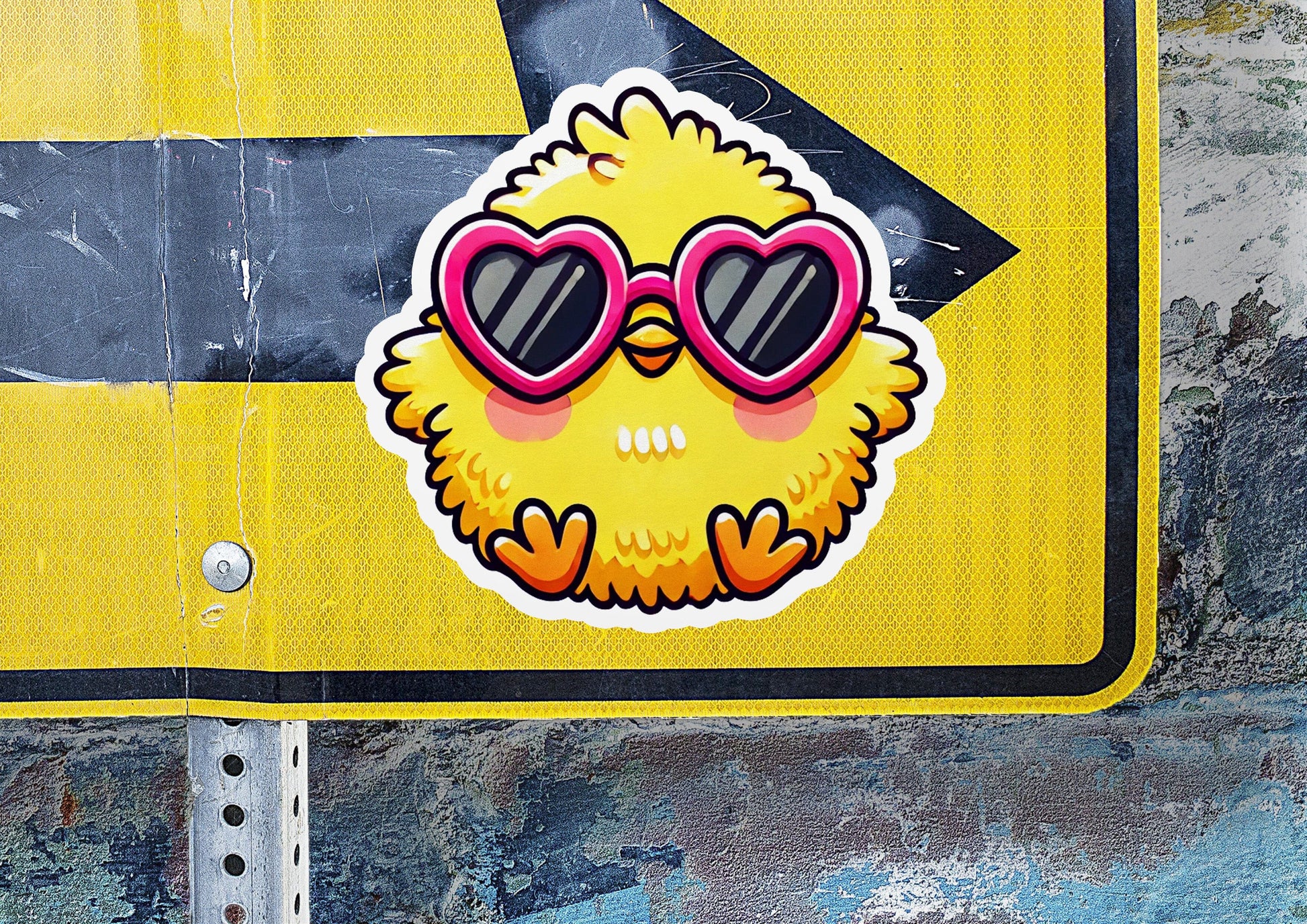 a close up of a street sign with a bird wearing sunglasses