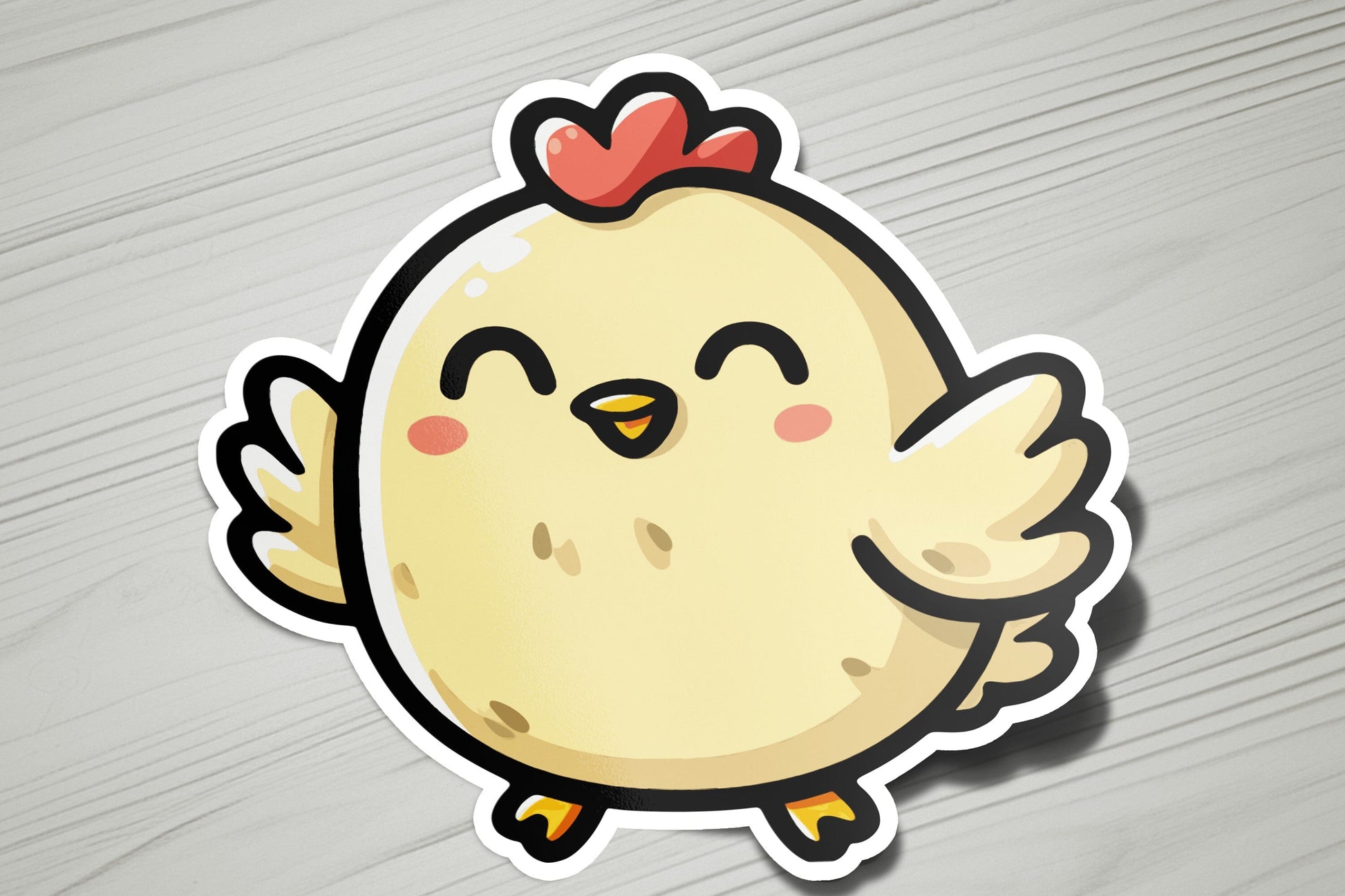 a sticker of a chicken with a red bow on its head