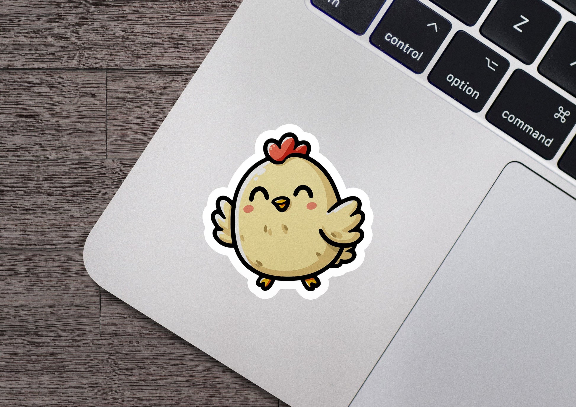 a sticker of a chicken with a bow on its head