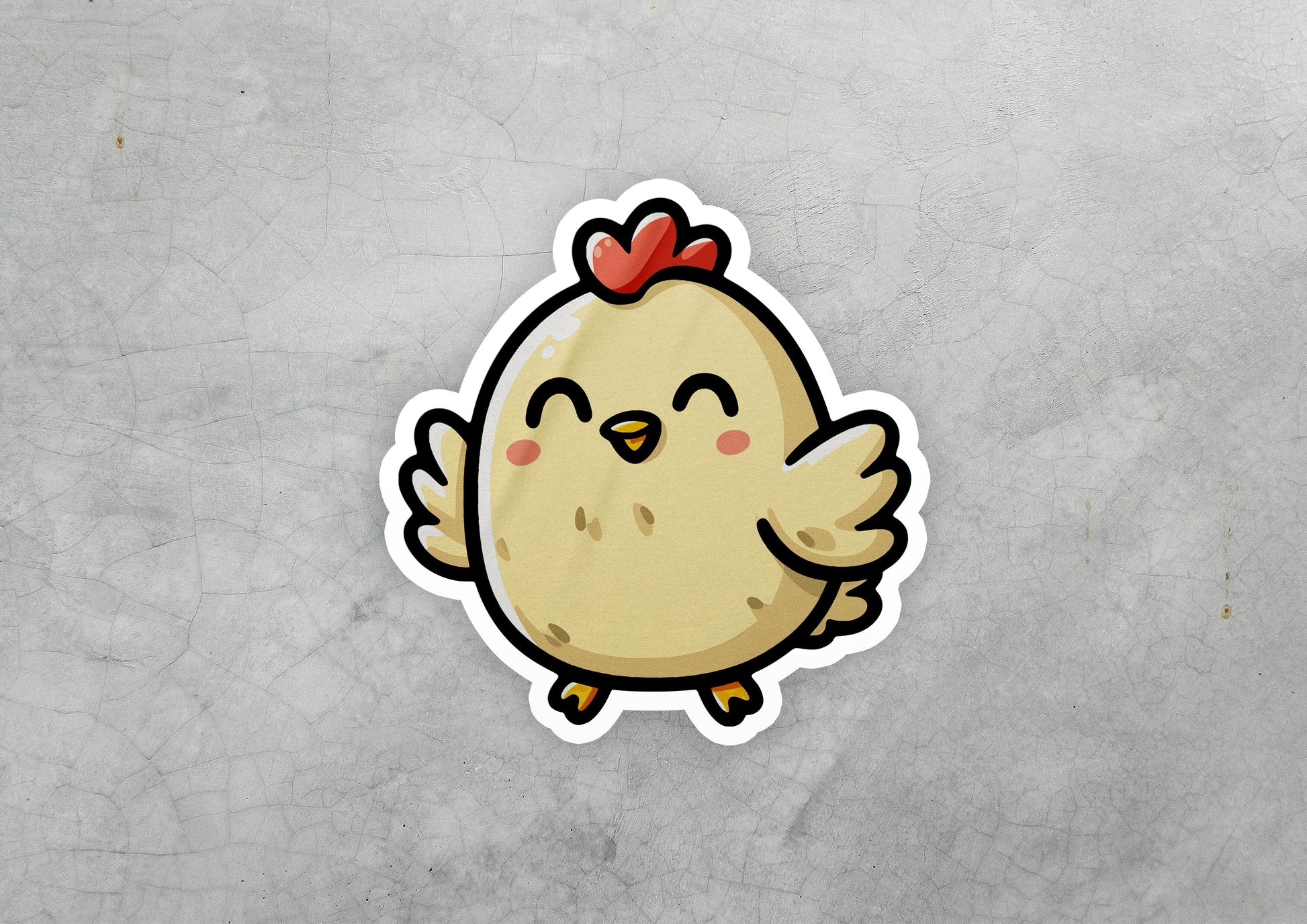 a sticker of a chicken with a bow on its head