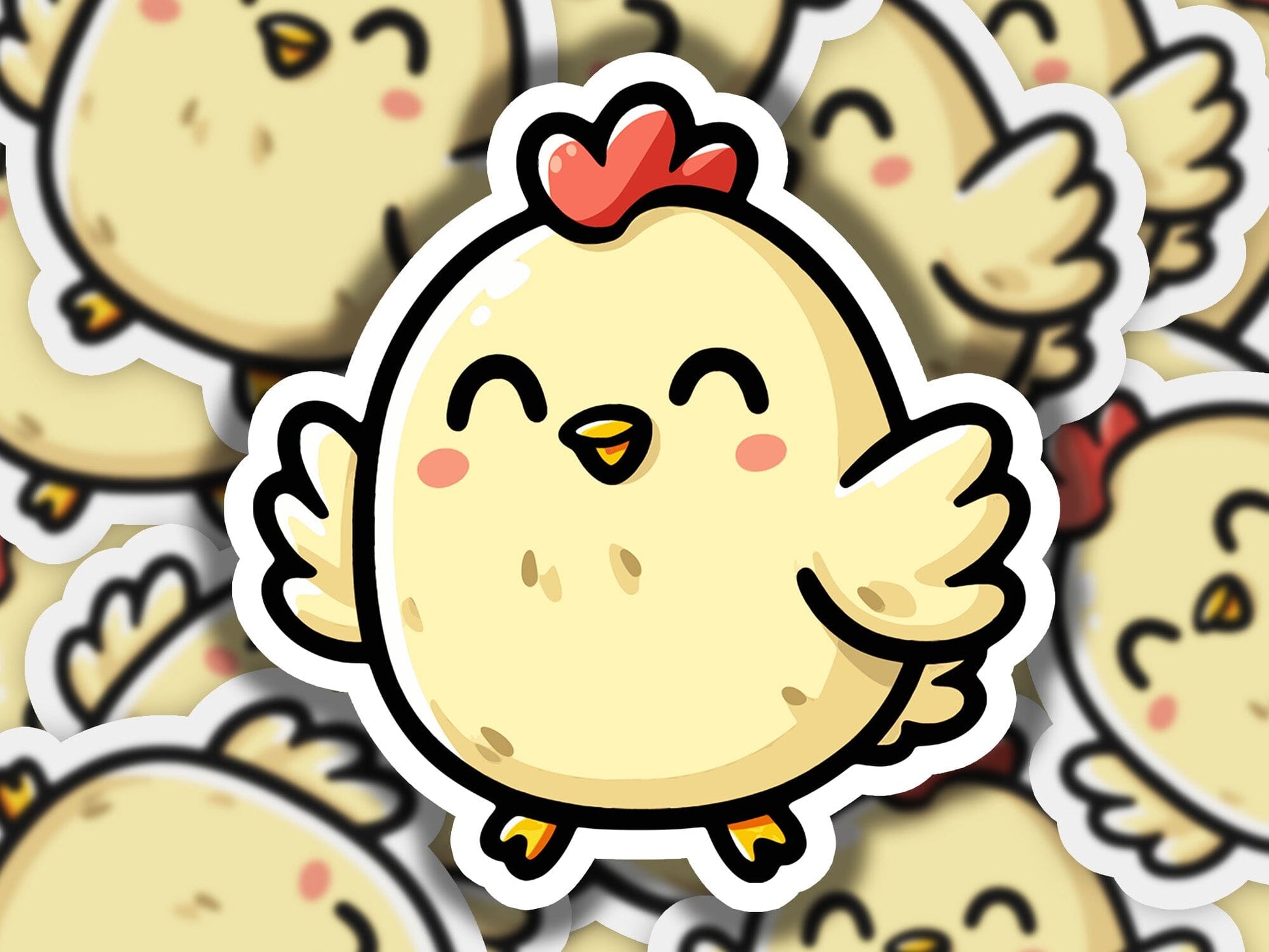 a sticker of a chicken surrounded by smaller ones