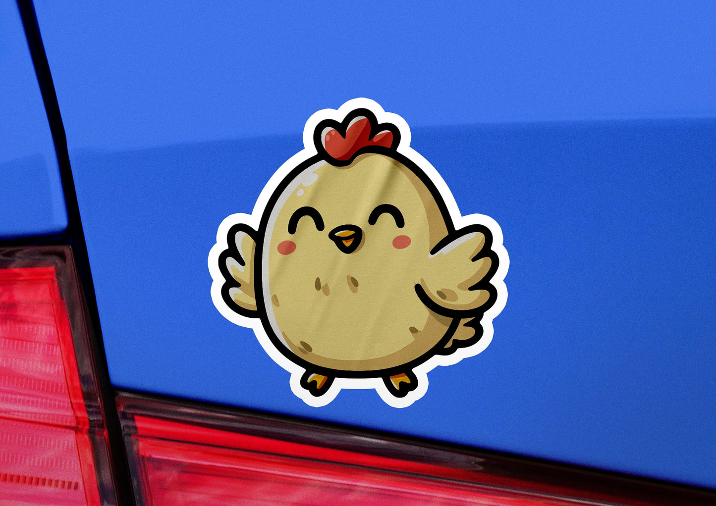 a sticker of a chicken with a bow on its head