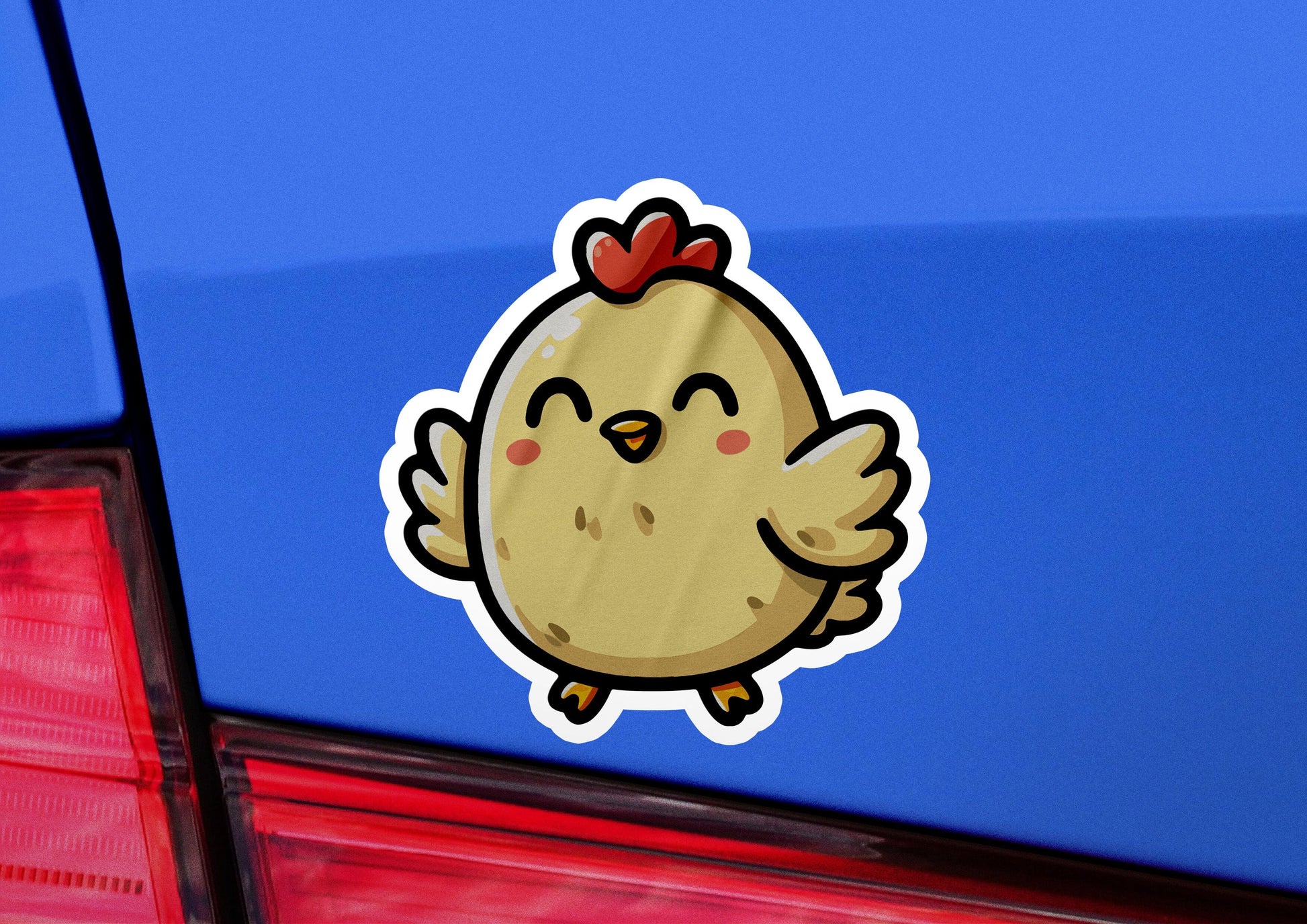 a sticker of a chicken with a bow on its head