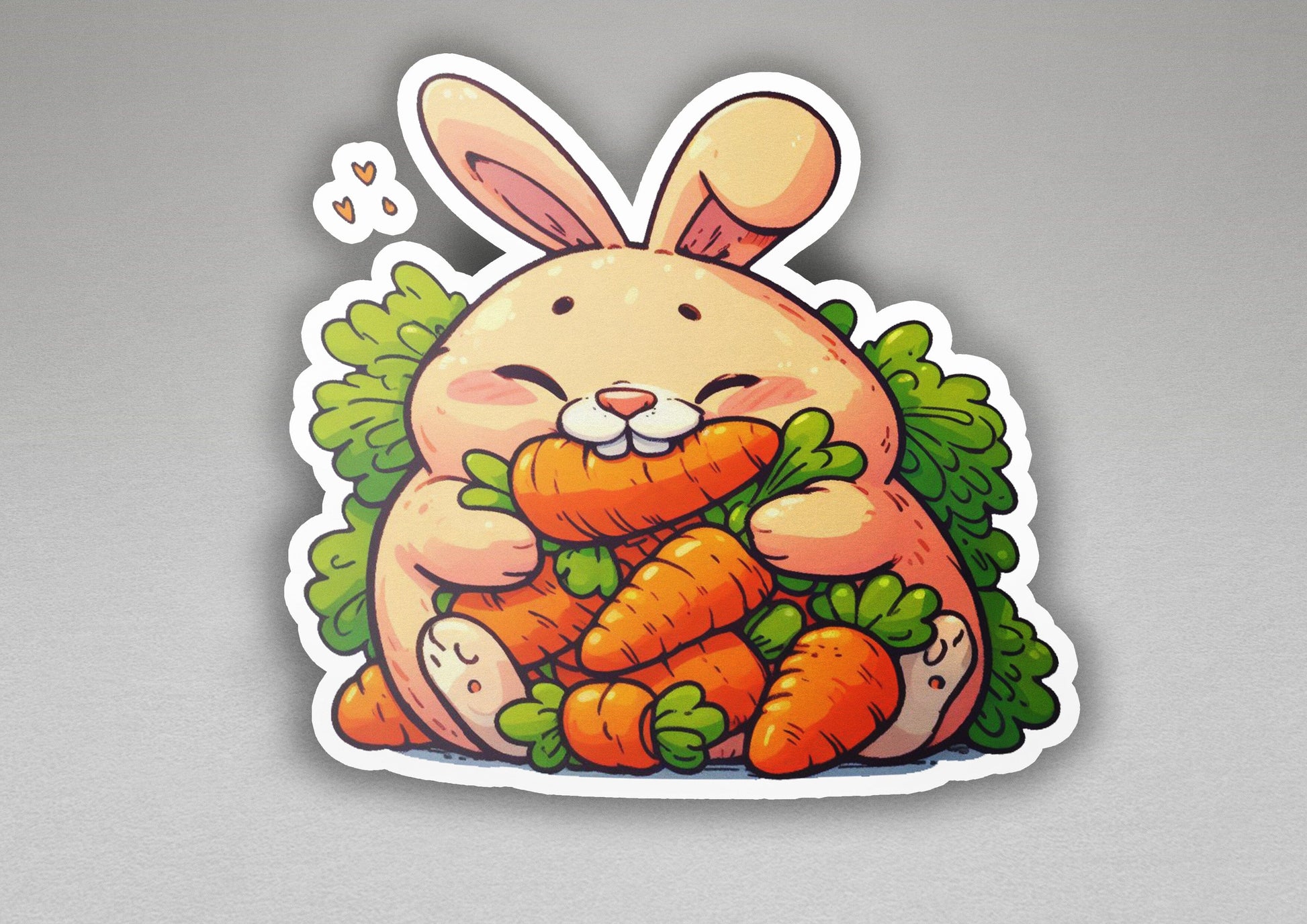 a sticker of a rabbit holding a bunch of carrots