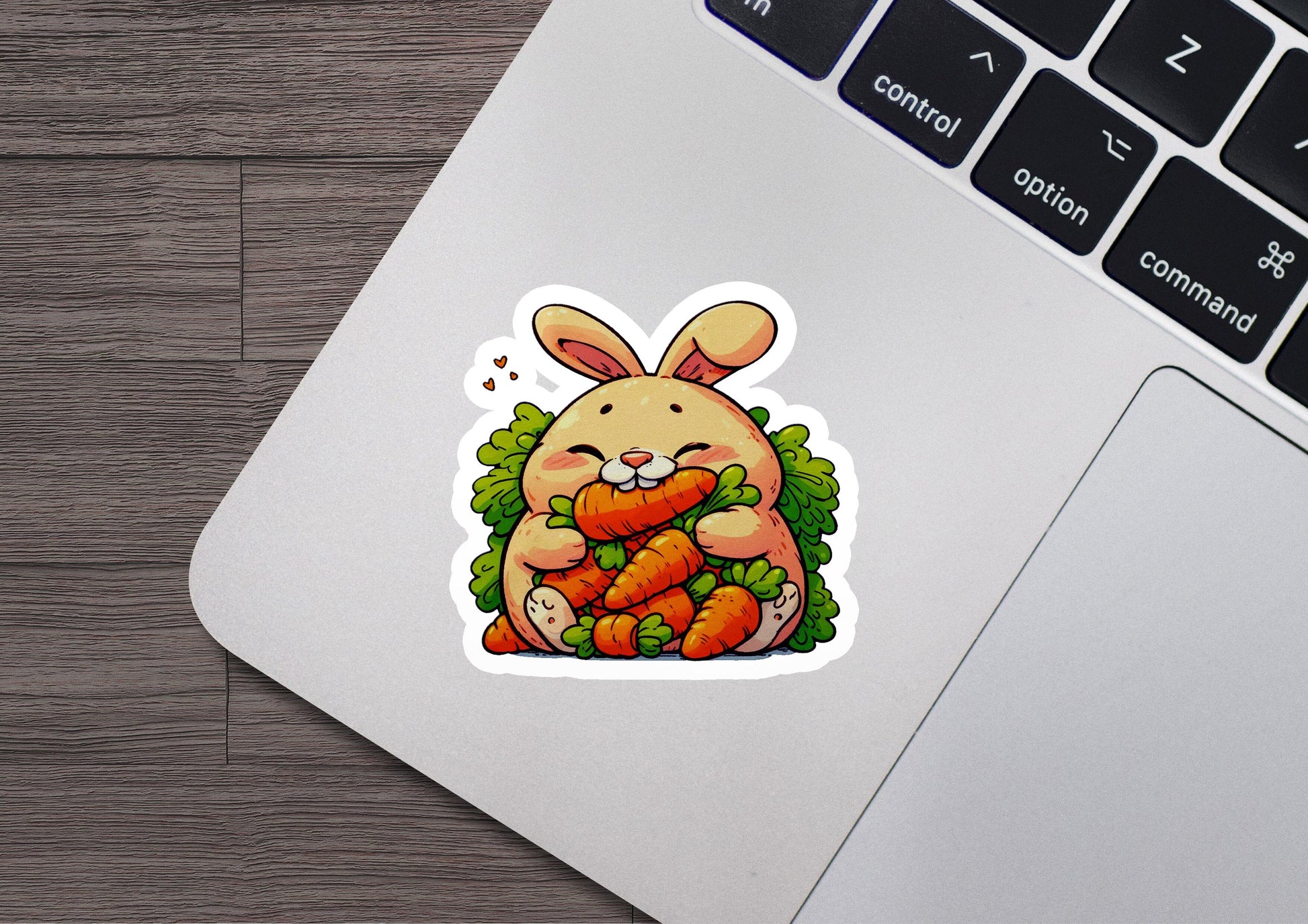 a sticker of a rabbit holding carrots