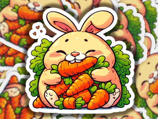 a sticker of a rabbit holding a bunch of carrots