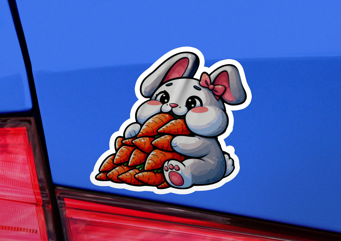 a sticker of a rabbit holding carrots