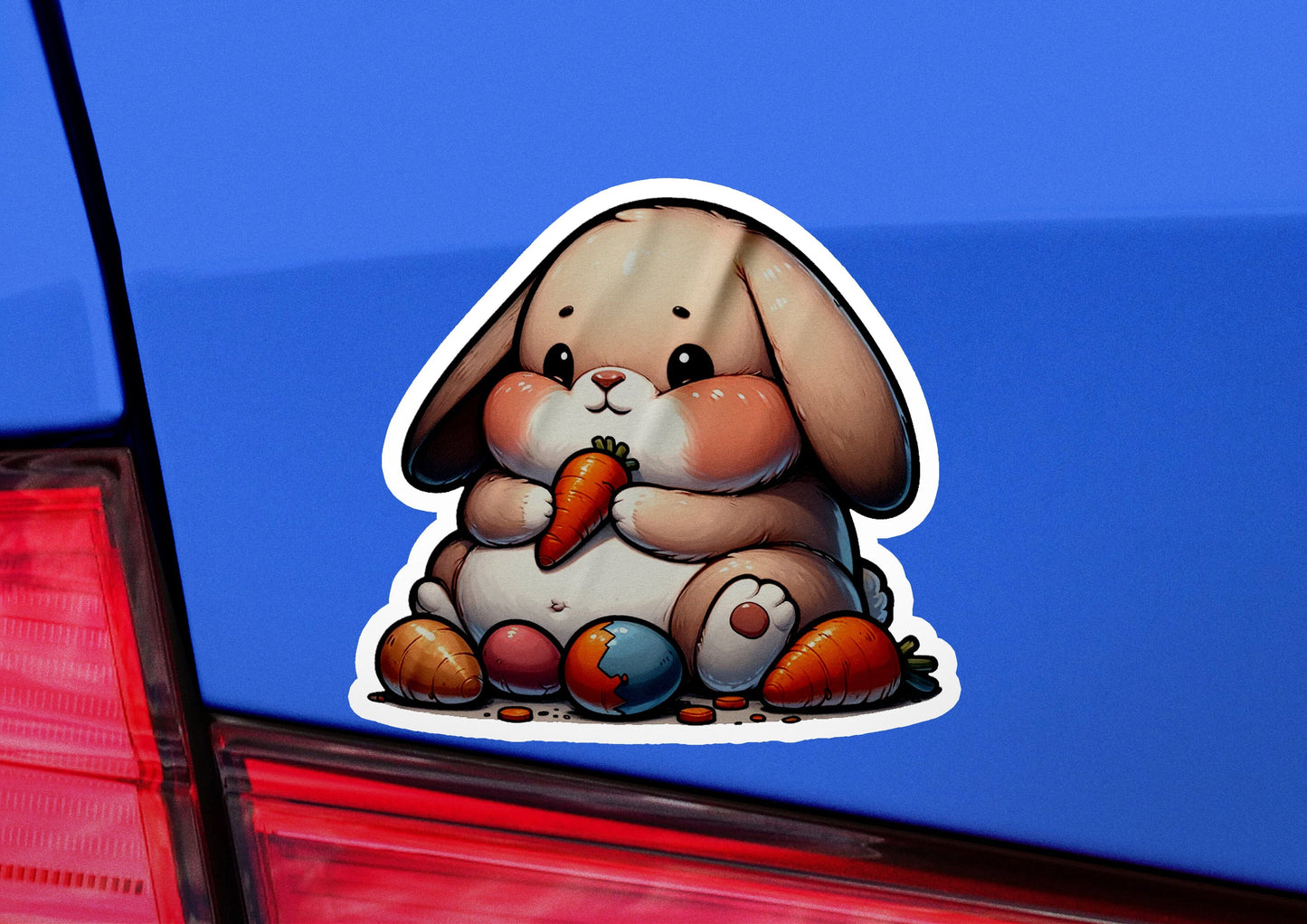 a sticker of a rabbit eating a carrot