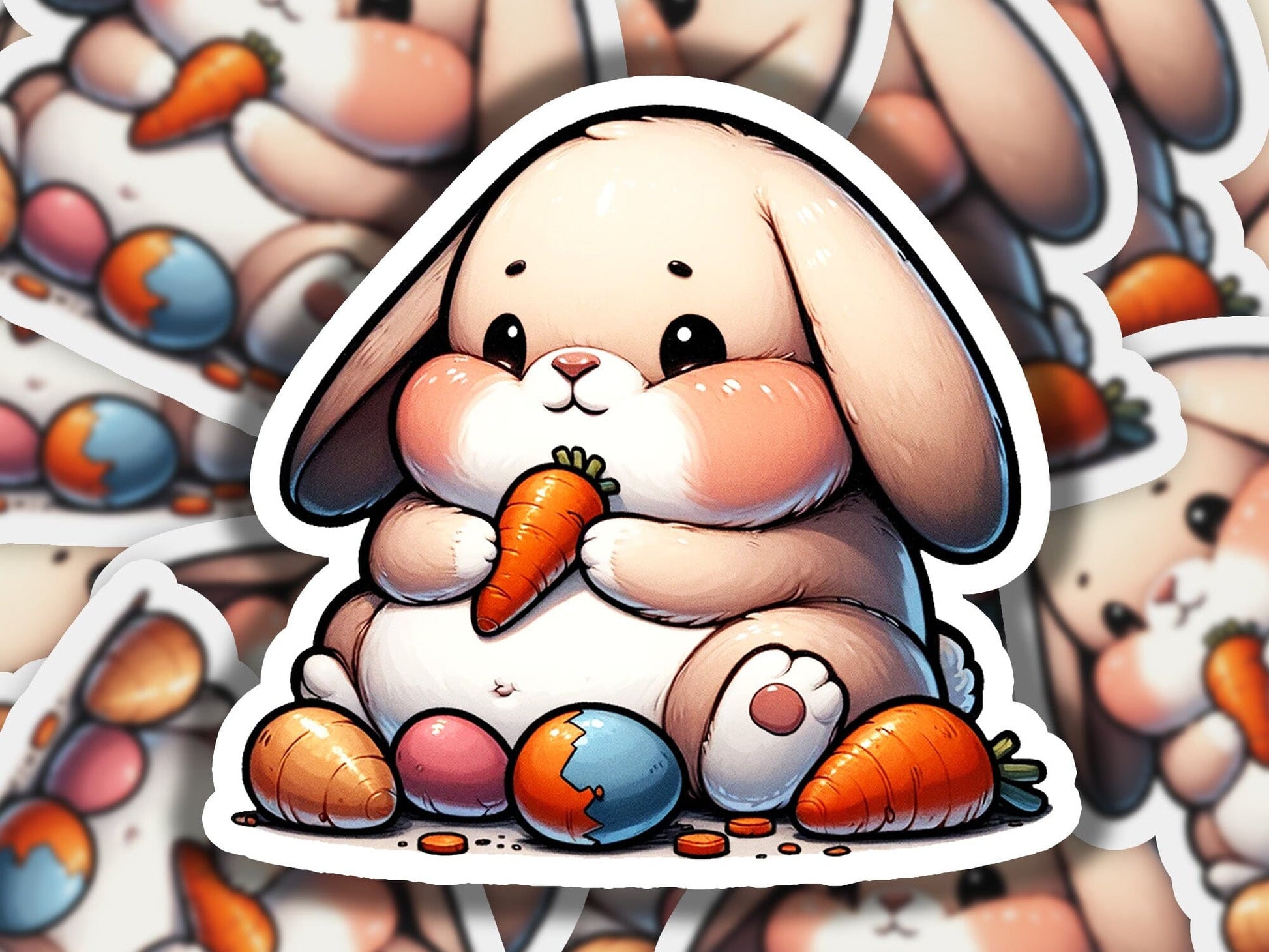 a sticker of a bunny eating a carrot