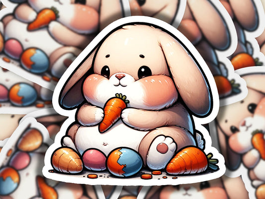 a sticker of a bunny eating a carrot