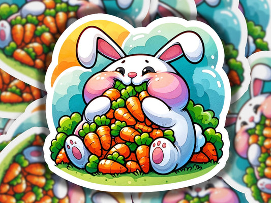 a sticker of a bunny eating a pile of carrots