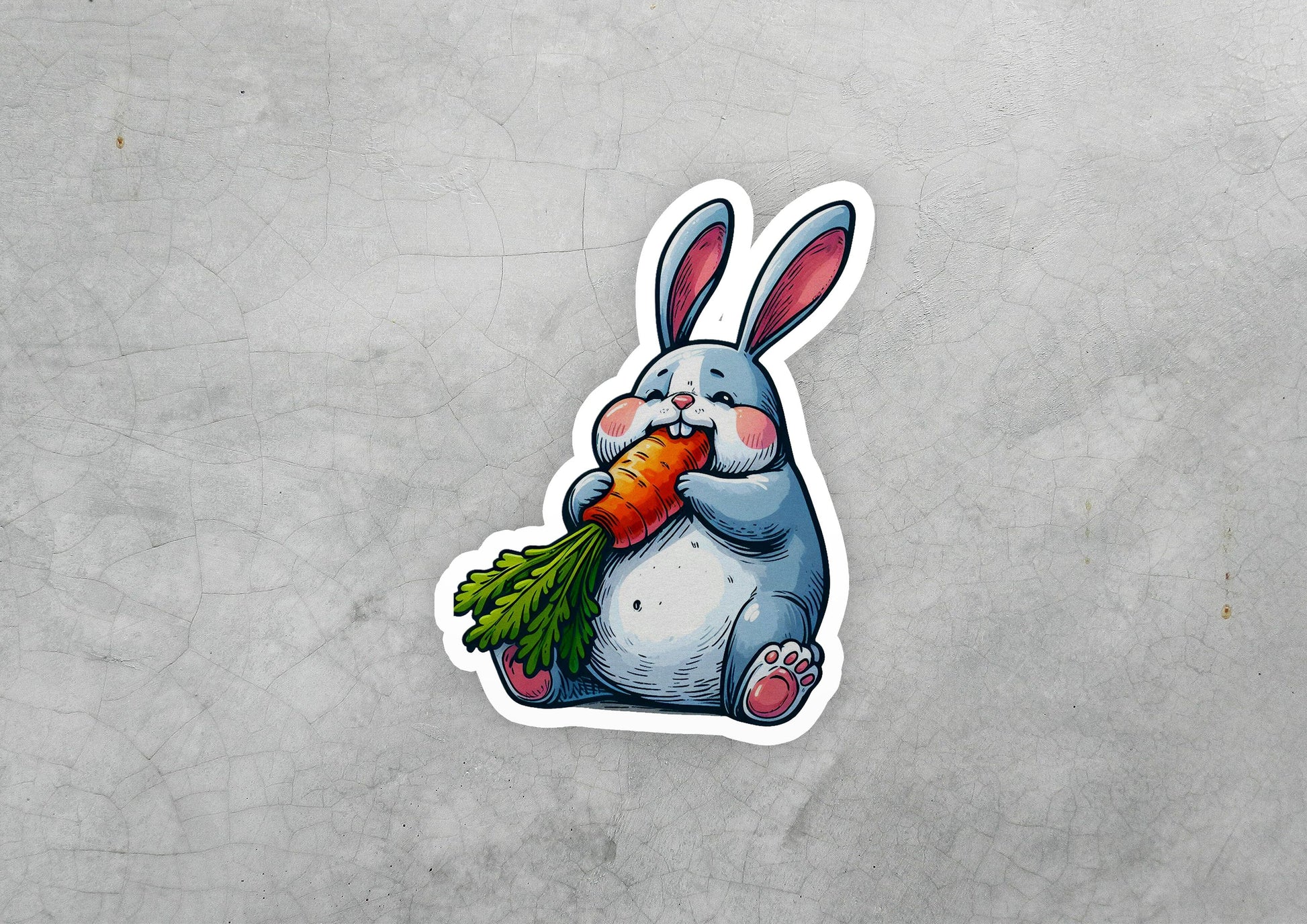 a sticker of a rabbit eating a carrot