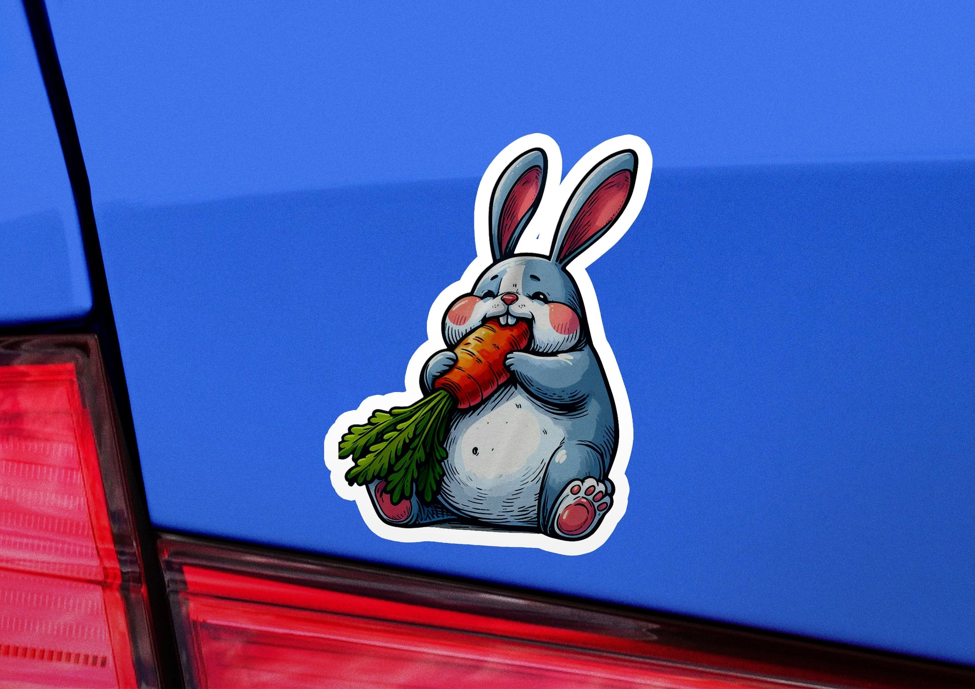 a sticker of a rabbit eating a carrot