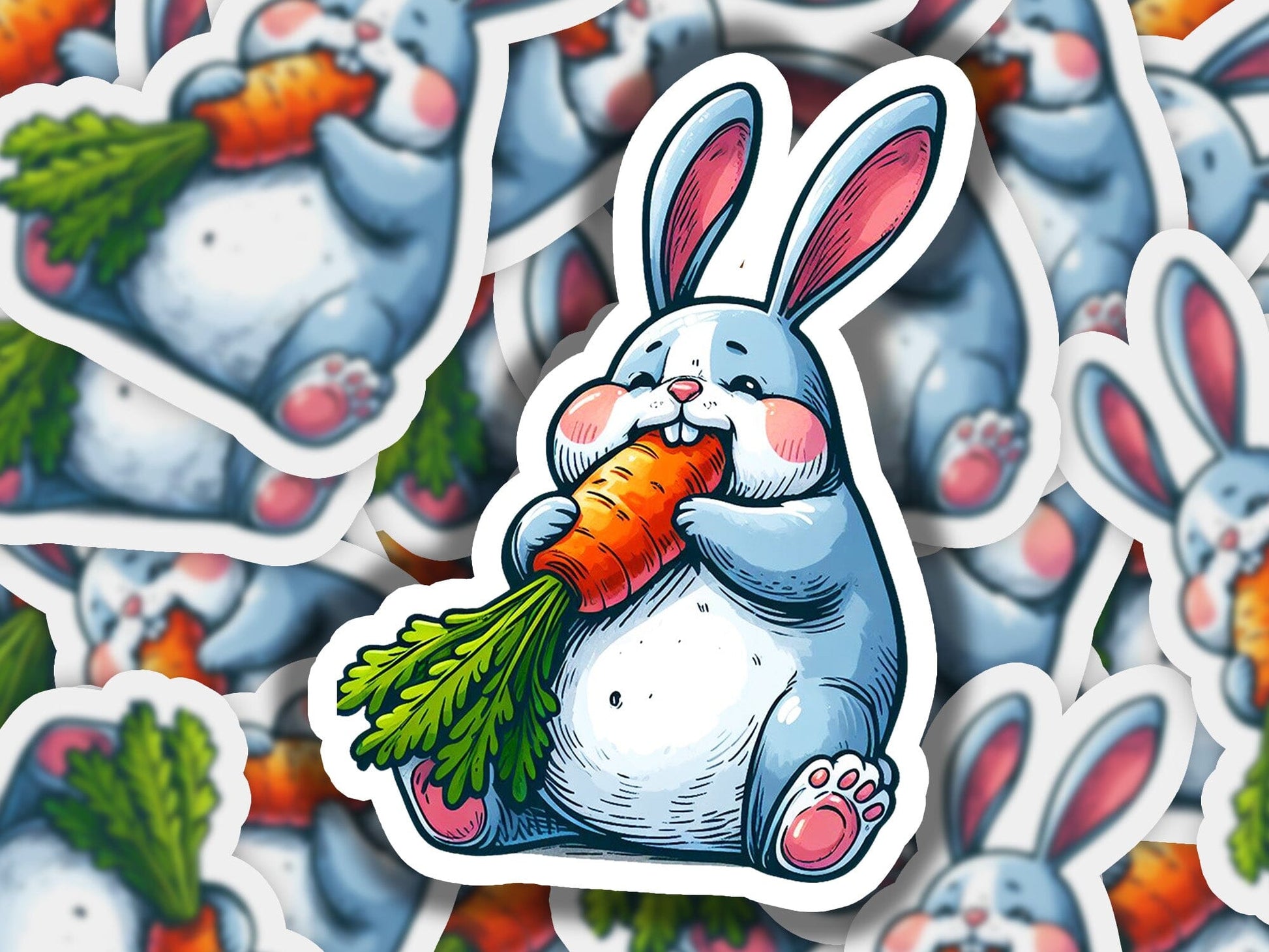 a sticker of a rabbit holding a carrot