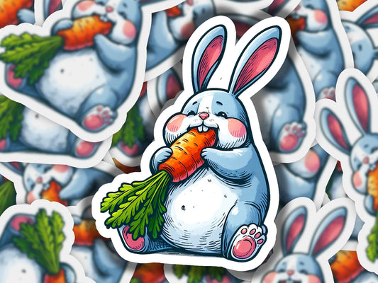 a sticker of a rabbit holding a carrot