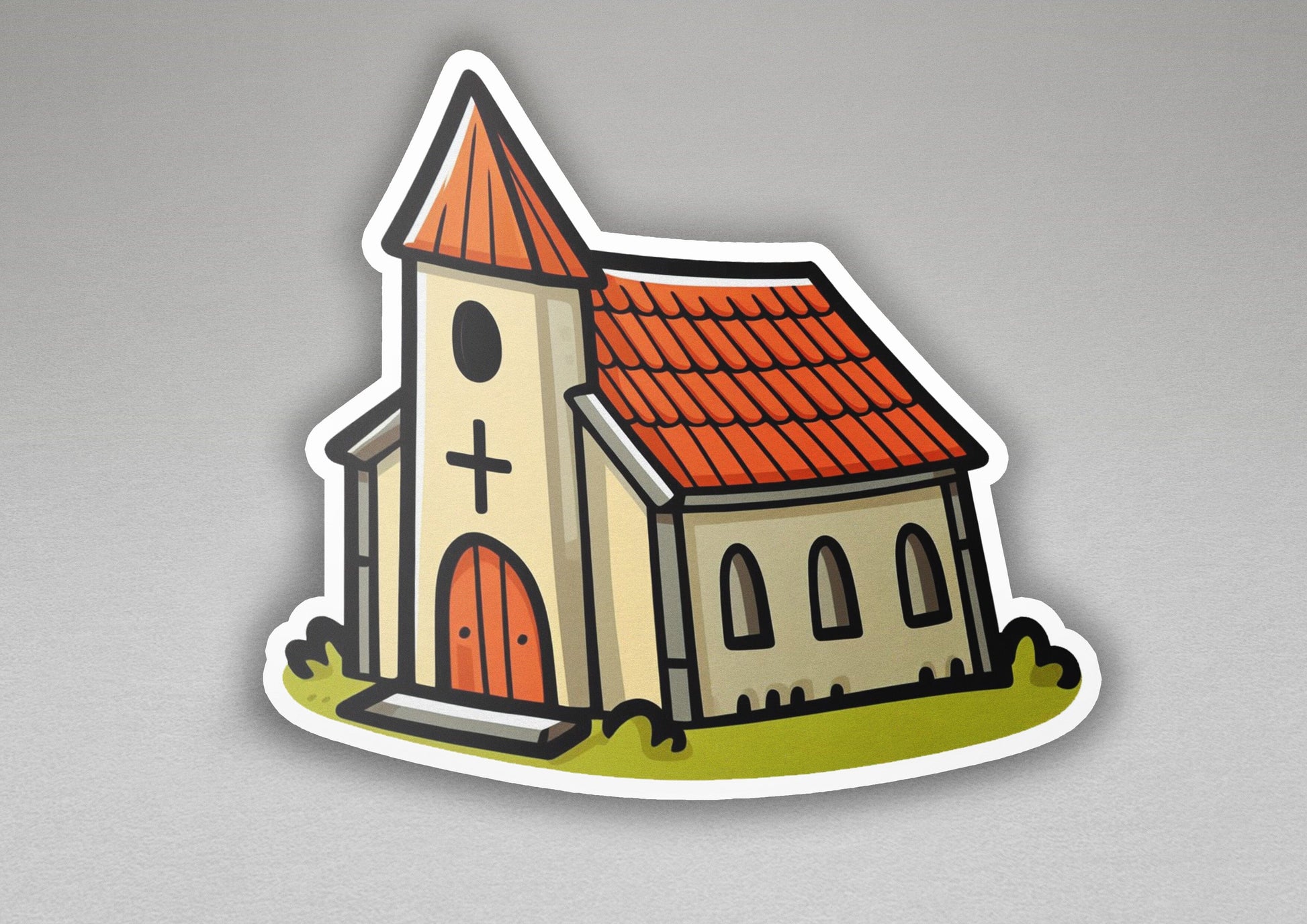 a sticker of a church with a red roof