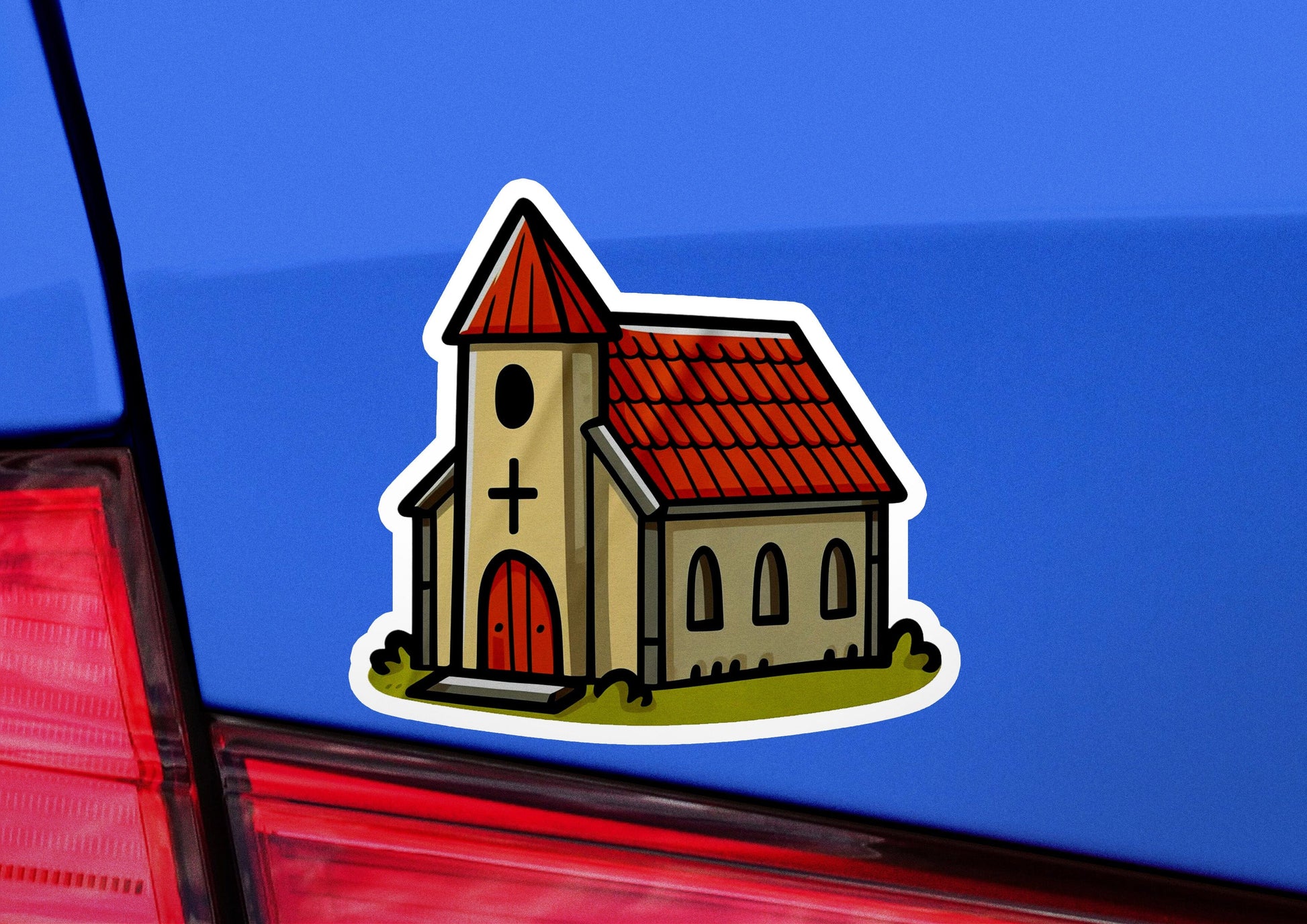 a sticker of a church on the back of a car