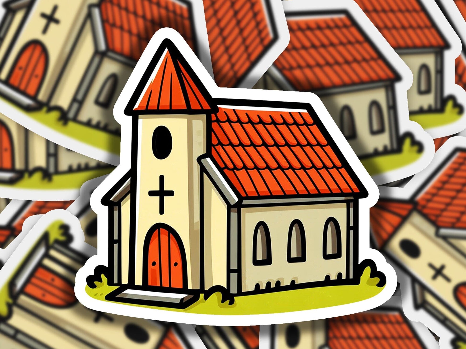 a sticker of a church surrounded by other stickers