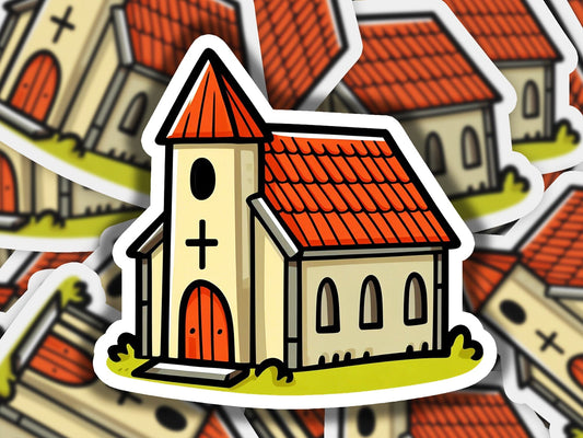 a sticker of a church surrounded by other stickers