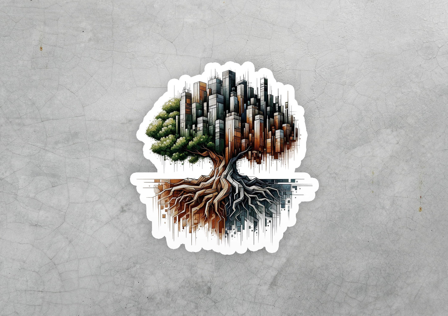 a sticker of a tree with a city skyline in the background