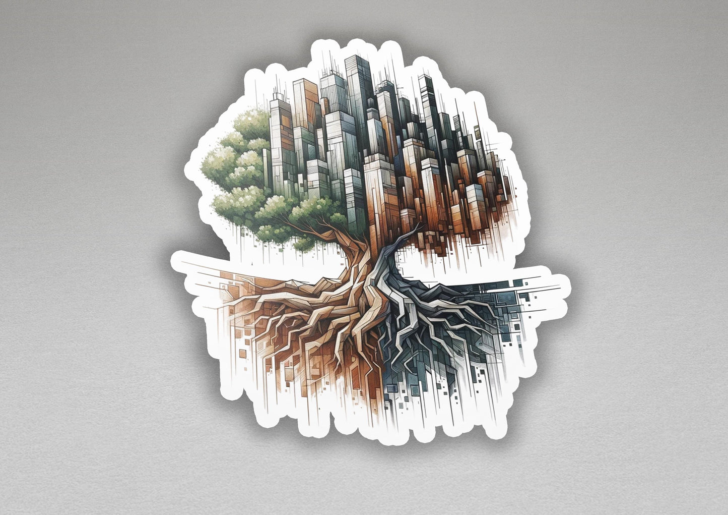 a sticker of a tree with a city in the background