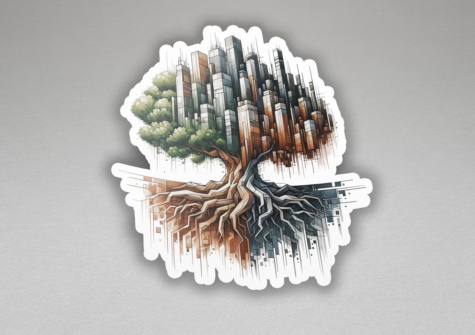 a sticker of a tree with a city in the background
